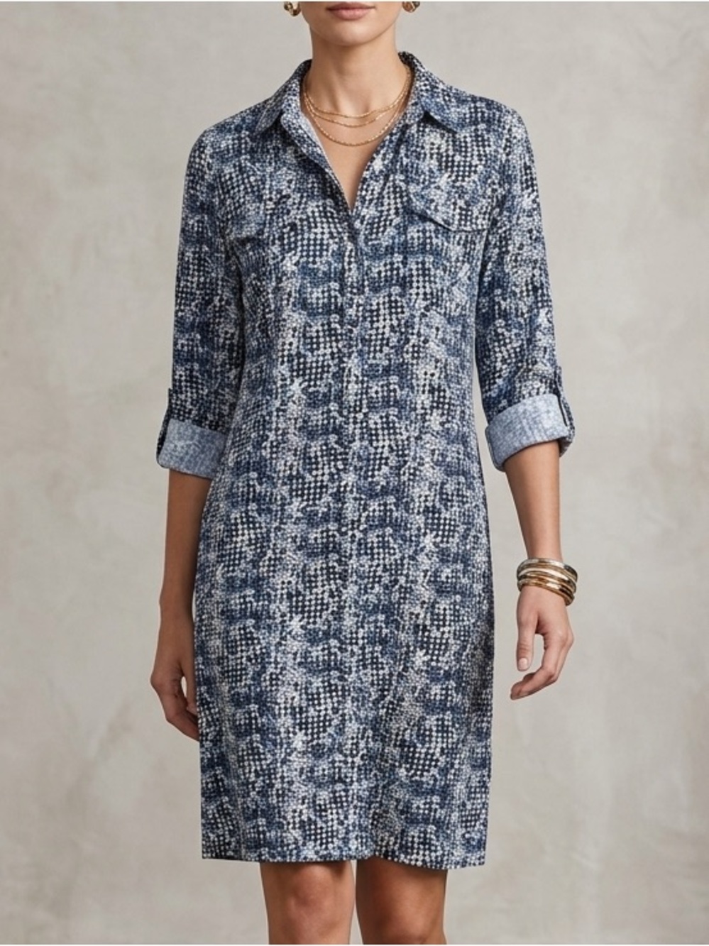 NY Collection Petite Blue Black Abstract Print Button Front Shirt Dress PXL